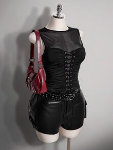 SHEIN ICON 大尺碼復古Y2K性感網格拼接背心上衣 - 黑色 - 查看 6