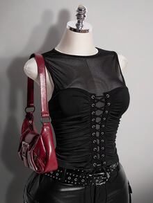 SHEIN ICON 大尺碼復古Y2K性感網格拼接背心上衣 - 黑色 - 查看 5
