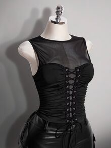SHEIN ICON 大尺碼復古Y2K性感網格拼接背心上衣 - 黑色 - 查看 4