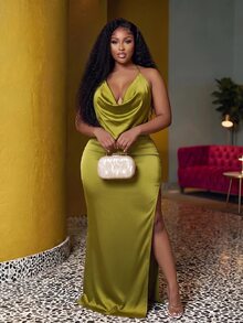 Veslaya New Olive Green Satin High Neck Backless Spaghetti Strap Dress With High Slit And Pleated Design, Perfect For Dates, Parties, Cocktail Events, Weddings, Birthday Parties, Vacations And Formal Occasions - Olive Green - View 5