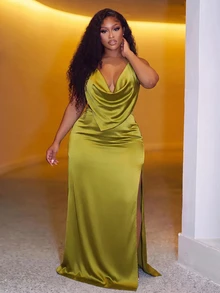 Veslaya New Olive Green Satin High Neck Backless Spaghetti Strap Dress With High Slit And Pleated Design, Perfect For Dates, Parties, Cocktail Events, Weddings, Birthday Parties, Vacations And Formal Occasions - Olive Green - View 8