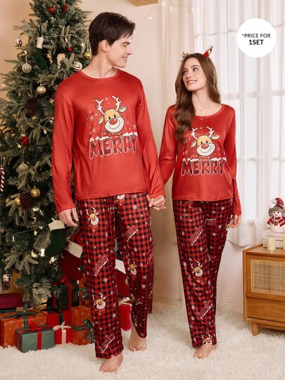 CoupledUp Pantalon long pour hommes avec imprimé carreaux rouges et rennes de Noël de style dessin animé