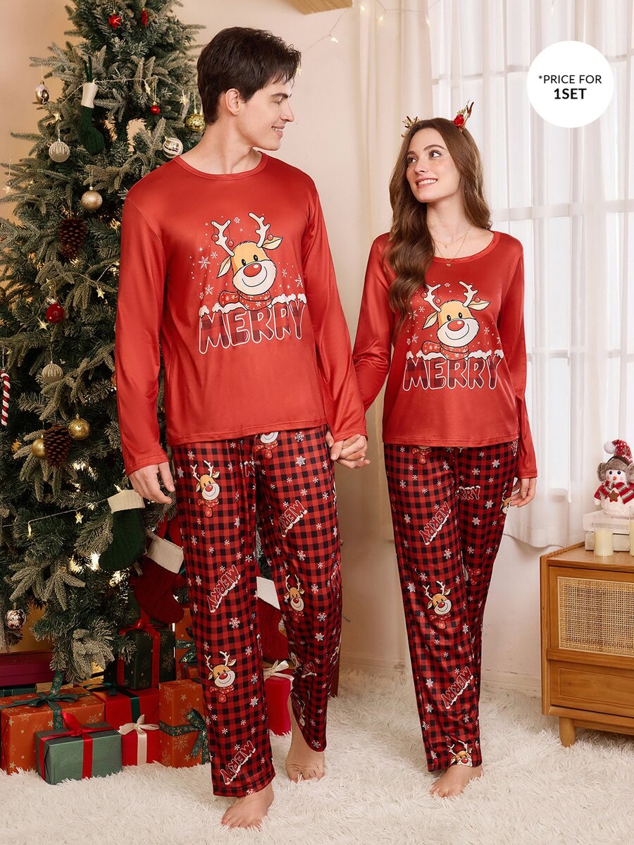 CoupledUp Men's Cartoon Christmas Reindeer Red Plaid Print Long Pants - Multicolor - View 1
