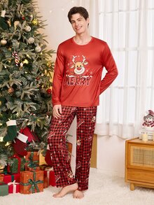 CoupledUp Men's Cartoon Christmas Reindeer Red Plaid Print Long Pants - Multicolor - View 2