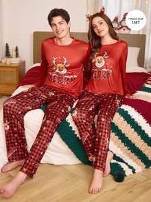 CoupledUp Men's Cartoon Christmas Reindeer Red Plaid Print Long Pants - Multicolor - View 4