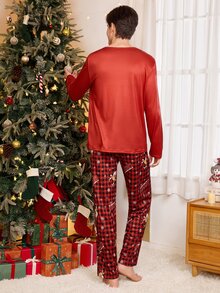 CoupledUp Men's Cartoon Christmas Reindeer Red Plaid Print Long Pants - Multicolor - View 3