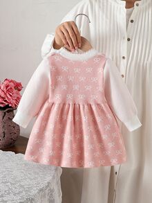 SHEIN 女嬰針織套頭圓領長袖毛衣洋裝，舒適適合秋冬，綠色/深綠色，優雅淑女風，刺繡重工，時尚時髦，適合日常穿著、外出、旅行、上學 - 粉色 - 查看 2