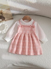 SHEIN 女嬰針織套頭圓領長袖毛衣洋裝，舒適適合秋冬，綠色/深綠色，優雅淑女風，刺繡重工，時尚時髦，適合日常穿著、外出、旅行、上學 - 粉色 - 查看 9