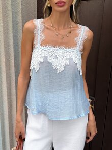 SHEIN PariChic Women's Elegant Lace Patchwork Textured Crinkled Fabric Sheer Tank Top, Suitable For Vacation, Beach, Holiday Outfits - Blue - View 5
