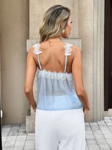 SHEIN PariChic Women's Elegant Lace Patchwork Textured Crinkled Fabric Sheer Tank Top, Suitable For Vacation, Beach, Holiday Outfits - Blue - View 2