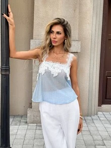 SHEIN PariChic Women's Elegant Lace Patchwork Textured Crinkled Fabric Sheer Tank Top, Suitable For Vacation, Beach, Holiday Outfits - Blue - View 7