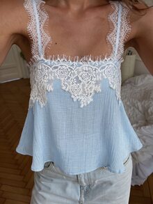 SHEIN PariChic Women's Elegant Lace Patchwork Textured Crinkled Fabric Sheer Tank Top, Suitable For Vacation, Beach, Holiday Outfits - Blue - View 9