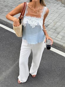 SHEIN PariChic Women's Elegant Lace Patchwork Textured Crinkled Fabric Sheer Tank Top, Suitable For Vacation, Beach, Holiday Outfits - Blue - View 8