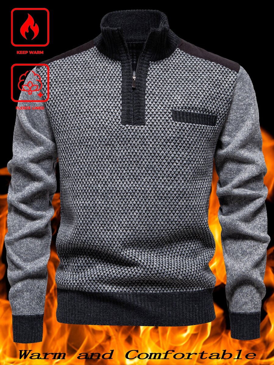 Manfinity CasualKnits 男士保暖內裡四分之一拉鍊套頭毛衣，純色針織針織布，灰色，秋季，休閒，徒步秋冬上衣，情人節適用 - 灰色 - 查看 1