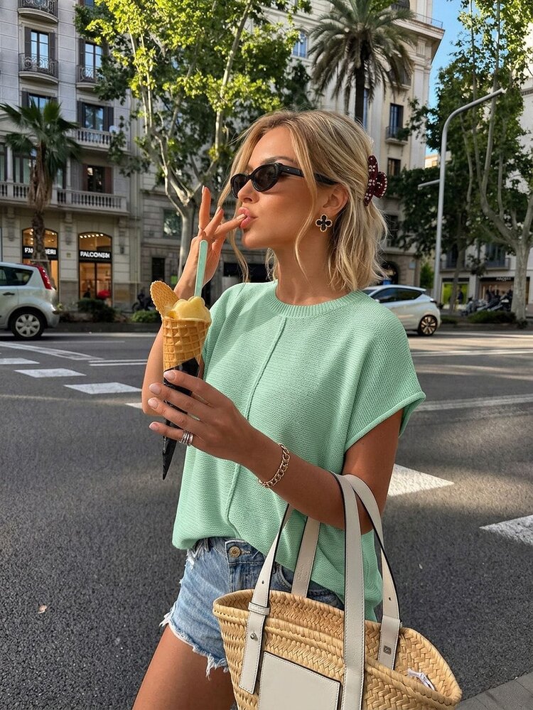 SHEIN PariChic Women's Casual Solid Color Batwing Sleeve Sweater Vest, Autumn Work Day Time Mint Green - Green - View 1