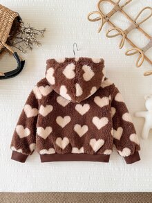 SHEIN 女童可愛愛心毛絨連帽開襟外套，適合秋冬穿著 - 彩色 - 查看 2