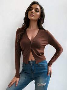 Pariaura Women's Single-Breasted Casual Solid Color Thin Cardigan - Coffee Brown - View 5