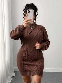 Elenzga Plus Size Solid Stand Collar Twist Cable Embroidery Long Sleeve Fitted Sweater Dress, For Winter Fall Cloth For Women - Coffee Brown - View 6