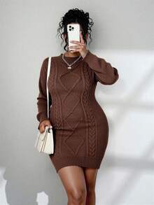 Elenzga Plus Size Solid Stand Collar Twist Cable Embroidery Long Sleeve Fitted Sweater Dress, For Winter Fall Cloth For Women - Coffee Brown - View 7