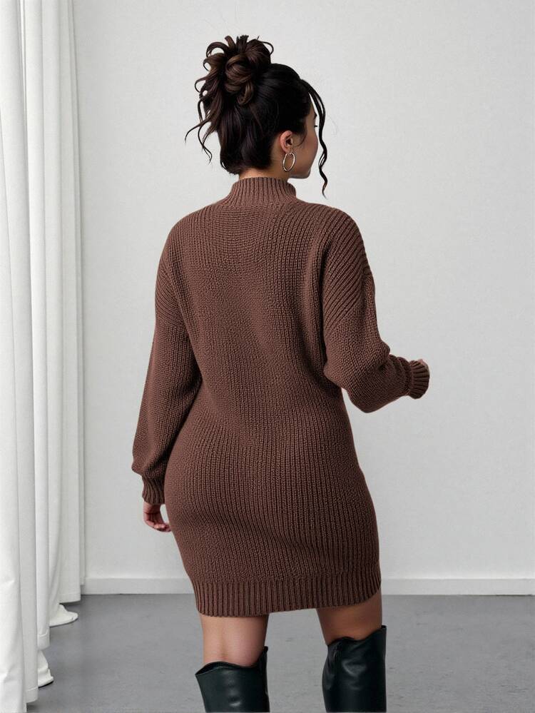 Elenzga Plus Size Solid Stand Collar Twist Cable Embroidery Long Sleeve Fitted Sweater Dress, For Winter Fall Cloth For Women - Coffee Brown - View 2