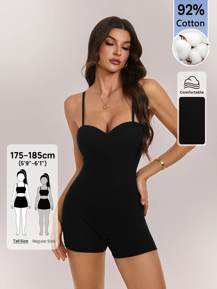 SHEIN Tall Women's Solid Color Fitted Backless Spaghetti Strap Romper - Minimalist Black, Suitable For Sexy Summer Outfits - Black - View 1