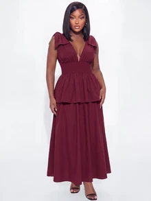 SHEIN LUNE Plus-Size Elegant Dress, V-Neck, Stretchy Waist, Multi-Layered Long Dress, Perfect For Formal Party Dark Purple Summer - Burgundy - View 3