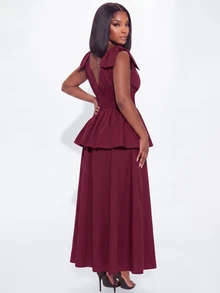 SHEIN LUNE Plus-Size Elegant Dress, V-Neck, Stretchy Waist, Multi-Layered Long Dress, Perfect For Formal Party Dark Purple Summer - Burgundy - View 2