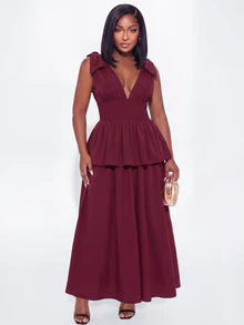 SHEIN LUNE Plus-Size Elegant Dress, V-Neck, Stretchy Waist, Multi-Layered Long Dress, Perfect For Formal Party Dark Purple Summer - Burgundy - View 4