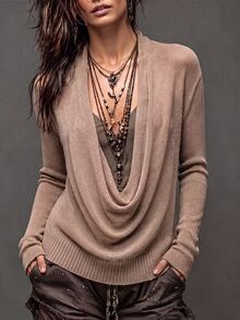 LUMIGAL Women's Solid Color Drop Shoulder Long Sleeve Fashion Sweater - Coffee Brown - View 2