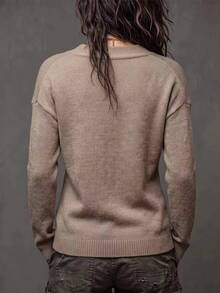 LUMIGAL Women's Solid Color Drop Shoulder Long Sleeve Fashion Sweater - Coffee Brown - View 3