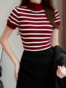 Pariaura Women's Zebra Print Turtleneck Fitted Pullover Short Sleeve Top - Burgundy - View 5