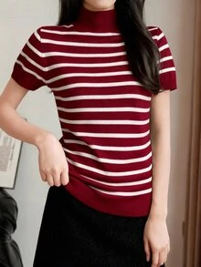 Pariaura Women's Zebra Print Turtleneck Fitted Pullover Short Sleeve Top - Burgundy - View 4