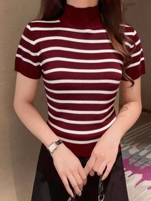 Pariaura Women's Zebra Print Turtleneck Fitted Pullover Short Sleeve Top - Burgundy - View 3