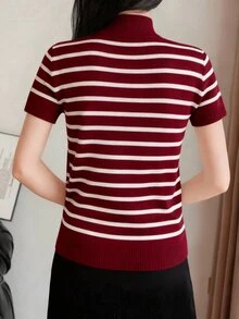 Pariaura Women's Zebra Print Turtleneck Fitted Pullover Short Sleeve Top - Burgundy - View 2