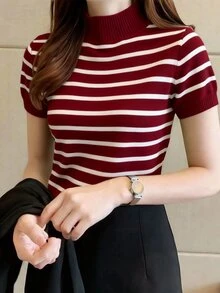 Pariaura Women's Zebra Print Turtleneck Fitted Pullover Short Sleeve Top - Burgundy - View 6