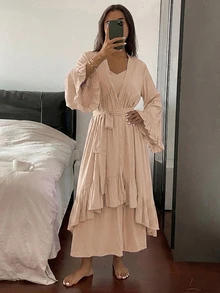 Livesso 2pcs/Set Ruffle Trim Patchwork Long Cardigan Robe & Dress Pajama Set, Spring/Summer Women's Sleepwear - Apricot - View 5