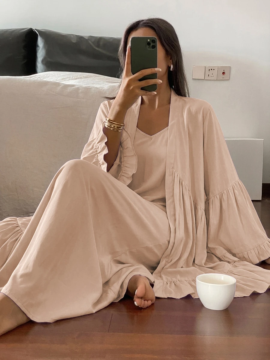 Livesso 2pcs/Set Ruffle Trim Patchwork Long Cardigan Robe & Dress Pajama Set, Spring/Summer Women's Sleepwear - Apricot - View 1
