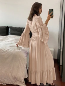 Livesso 2pcs/Set Ruffle Trim Patchwork Long Cardigan Robe & Dress Pajama Set, Spring/Summer Women's Sleepwear - Apricot - View 2