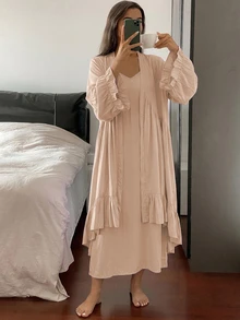 Livesso 2pcs/Set Ruffle Trim Patchwork Long Cardigan Robe & Dress Pajama Set, Spring/Summer Women's Sleepwear - Apricot - View 4