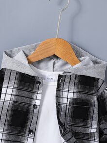 SHEIN Baby And Toddler Boys Casual Plaid Print Patchwork Button-Up Hooded Shirt And Sports Pants - Multicolor - View 5