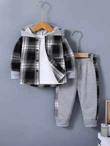 SHEIN Baby And Toddler Boys Casual Plaid Print Patchwork Button-Up Hooded Shirt And Sports Pants - Multicolor - View 3
