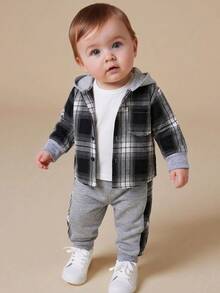SHEIN Baby And Toddler Boys Casual Plaid Print Patchwork Button-Up Hooded Shirt And Sports Pants - Multicolor - View 4