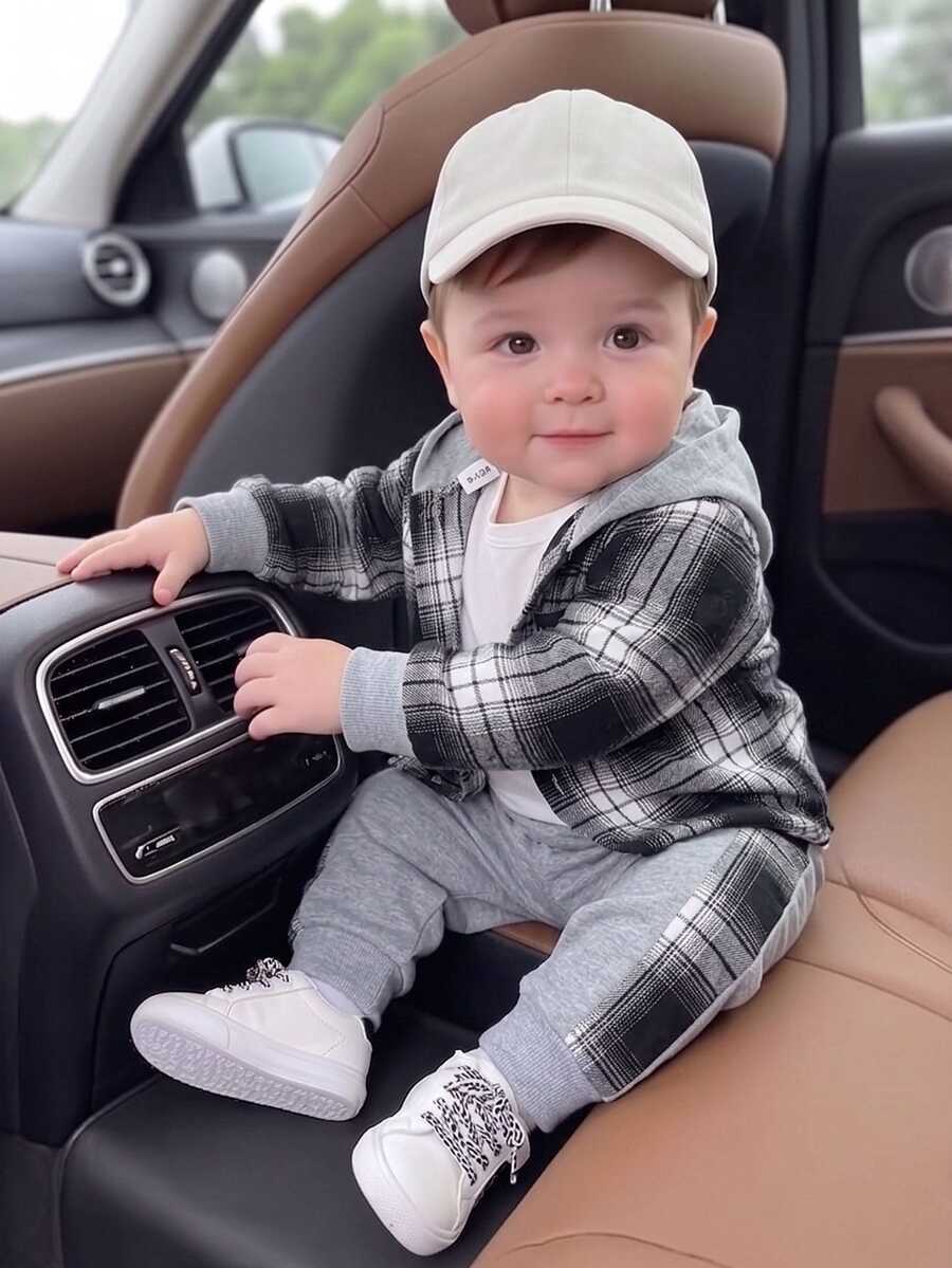 SHEIN Baby And Toddler Boys Casual Plaid Print Patchwork Button-Up Hooded Shirt And Sports Pants - Multicolor - View 1