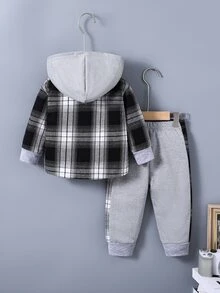 SHEIN Baby And Toddler Boys Casual Plaid Print Patchwork Button-Up Hooded Shirt And Sports Pants - Multicolor - View 2