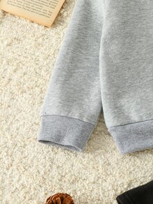 SHEIN 6個月至3歲女嬰對比色3D蝴蝶結棉絨衛衣+對比色絨毛衛褲喇叭褲套裝，時尚百搭，舒適休閒，適合嬰兒外出、上學、派對等場合，女童秋冬服飾 - 彩色 - 查看 8