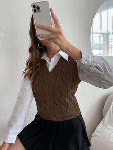 SHEIN PariChic 女式纯色 V 领休闲舒适针织毛衣背心，秋冬 - 棕色 - 查看 4