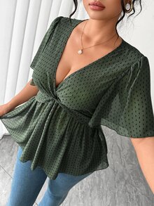 Elenzga 大码女士优雅黑色波点花卉雪纺扭结下摆衬衫，百搭实用，适合办公室、通勤、度假、休闲等场合，春夏女士休闲装扮，女士上衣和衬衫，女士夏季服装，女士休闲衬衫，女士夏季优雅上衣，女士时尚上衣，女士休闲上衣，女士新款上衣，女士可爱上衣，女士上衣，女士休闲上衣，女士新款上衣，新品上市 - 軍綠色 - 查看 3