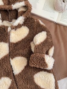 SHEIN Baby Girl Heart Jacquard Hooded Zip-Up Thick One-Piece Long Autumn Pants Suitable For Winter - Coffee Brown - View 4