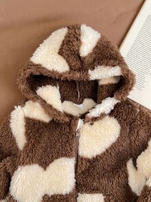 SHEIN Baby Girl Heart Jacquard Hooded Zip-Up Thick One-Piece Long Autumn Pants Suitable For Winter - Coffee Brown - View 5