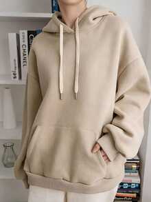Dazy-Less Women's Solid Color Drop Shoulder Long Sleeve Pocket Drawstring Hooded Casual Basic T-Shirt Autumn Lounge Beige Everyday School Home - Khaki - View 3